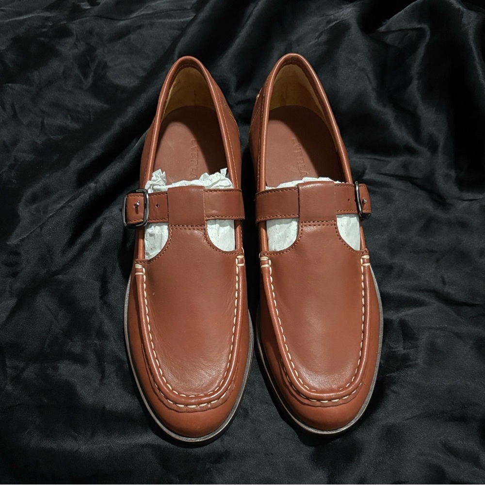 Everlane Women's The Mary Jane Leather T-Strap Loafers, Brown Size 7